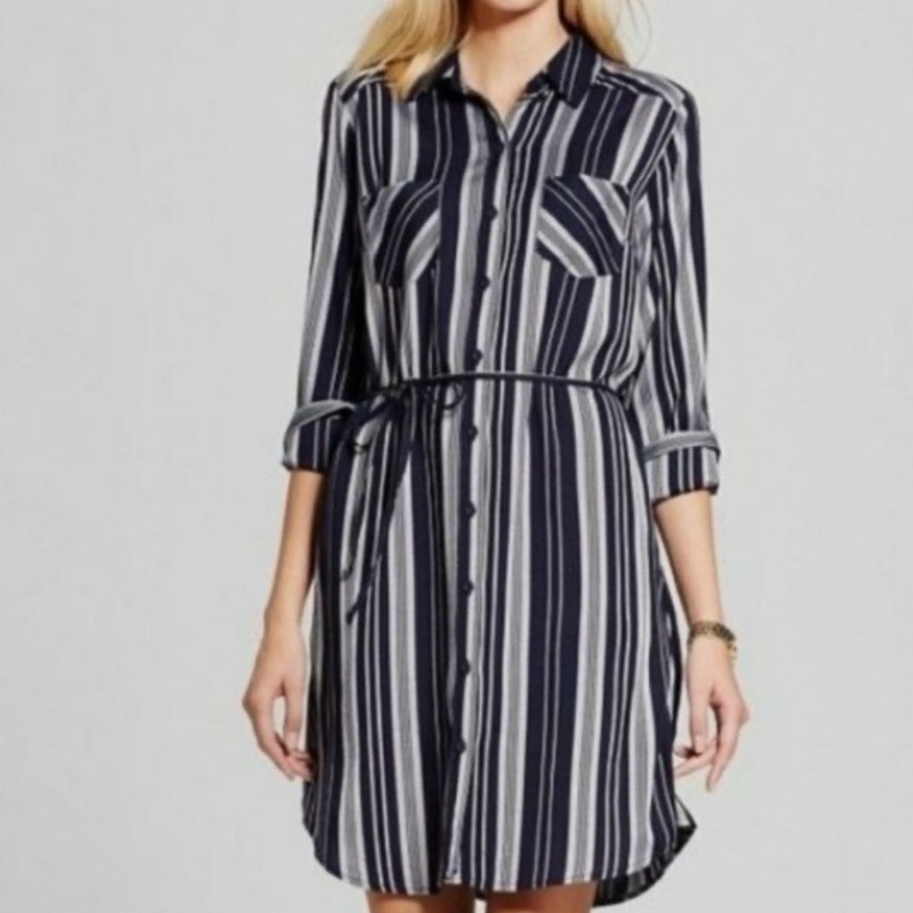 Merona Navy White Striped Long Sleeve Dress NWOT classic flowy minimalist L